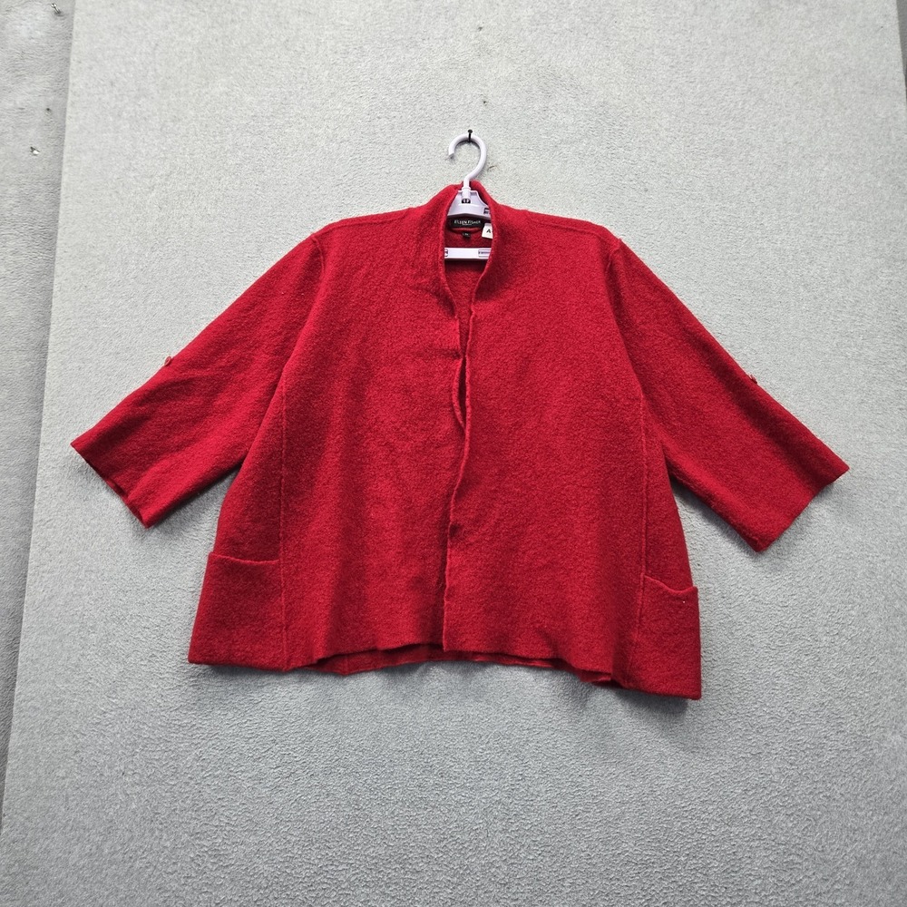 Eileen Fisher Women Cardigan 3X Red Open Front Relaxed 3/4 Sleeve